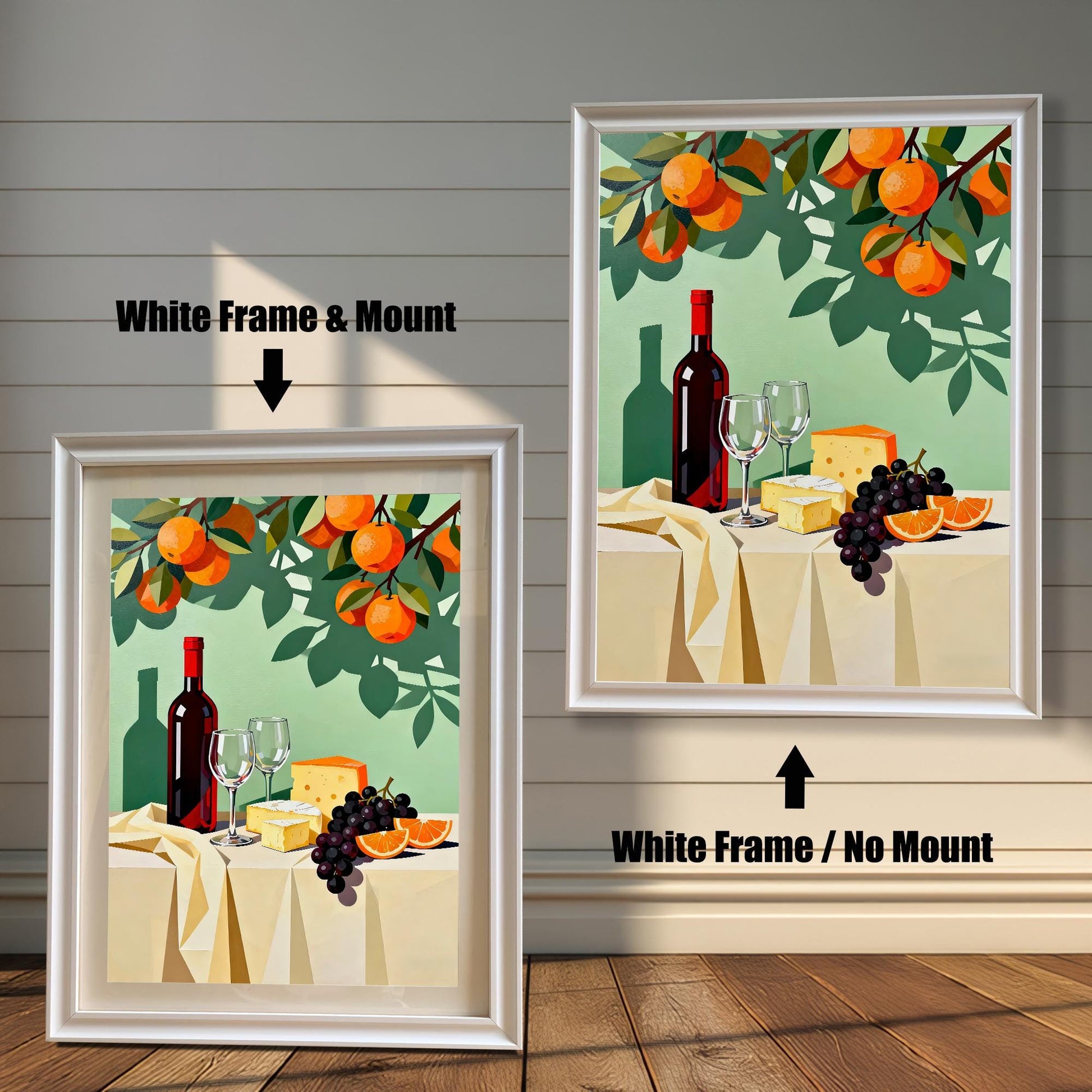 Modern still life art print featuring a wine bottle, glasses, cheese, grapes, and oranges. Shown in two framed options: a White Frame with a Mount (lighter border/mat) on the left, and a White Frame with No Mount on the right.