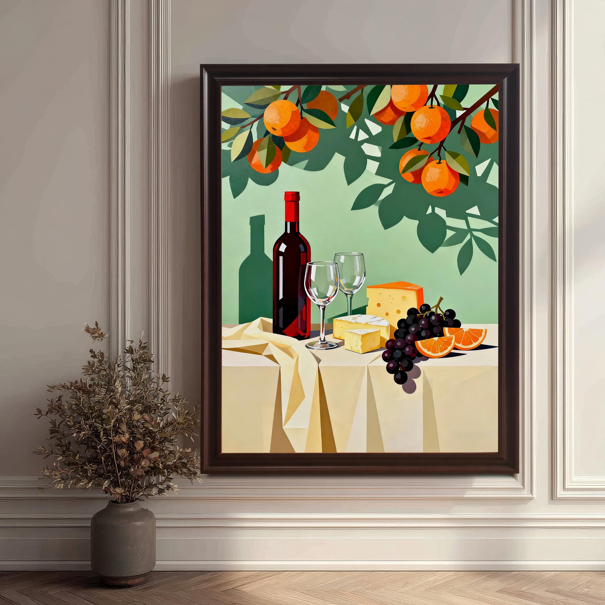 Styled photo of the Wine and Cheese Still Life art print in a Dark/Coffee frame, leaning against a white paneled wall next to a vase with dried flowers.