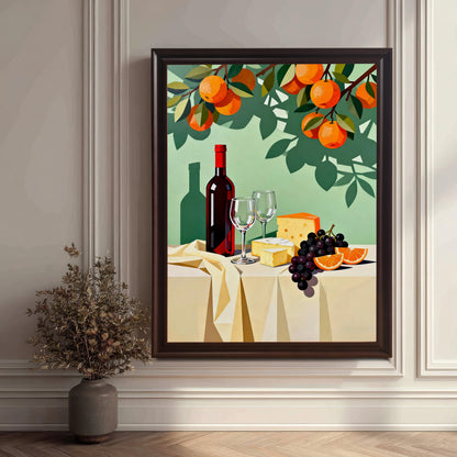 Styled photo of the Wine and Cheese Still Life art print in a Dark/Coffee frame, leaning against a white paneled wall next to a vase with dried flowers.
