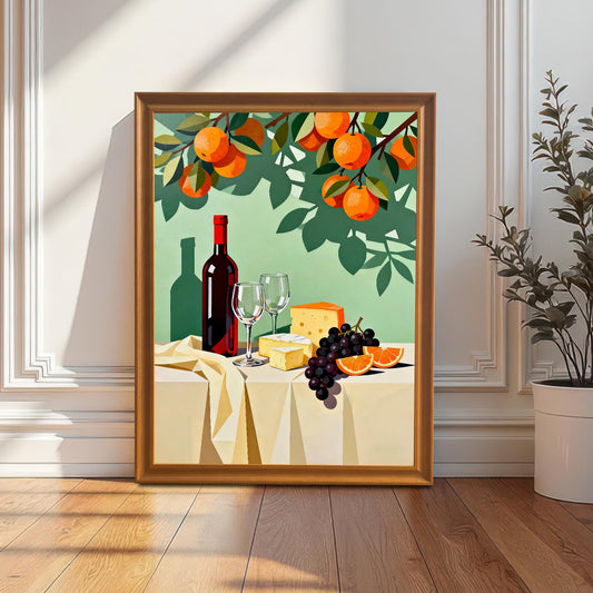 Styled photo of the wine and cheese still life art print in an Orange/Brown wood frame, leaning against a white panel wall next to a houseplant, illuminated by natural light.