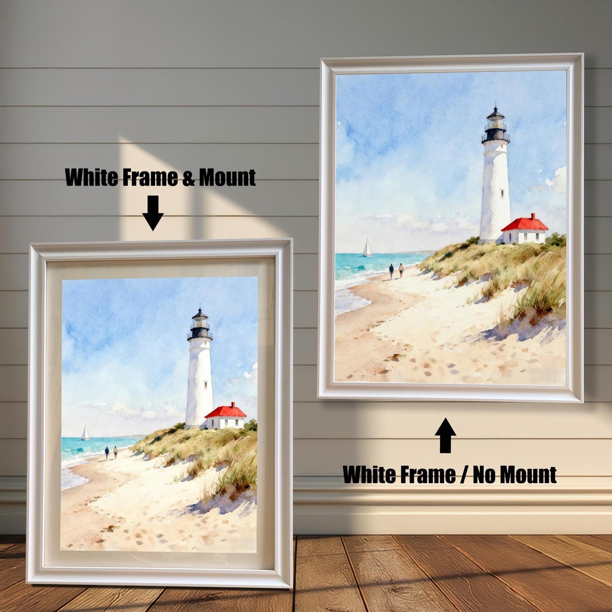 Comparison of two framed art prints on a wall. On the left, an art print of a lighthouse on a beach in a framed with a White Frame & Mount (matting). On the right, the same art print with a White Frame / No Mount. The arrows clearly indicate which frame/mount option is which.