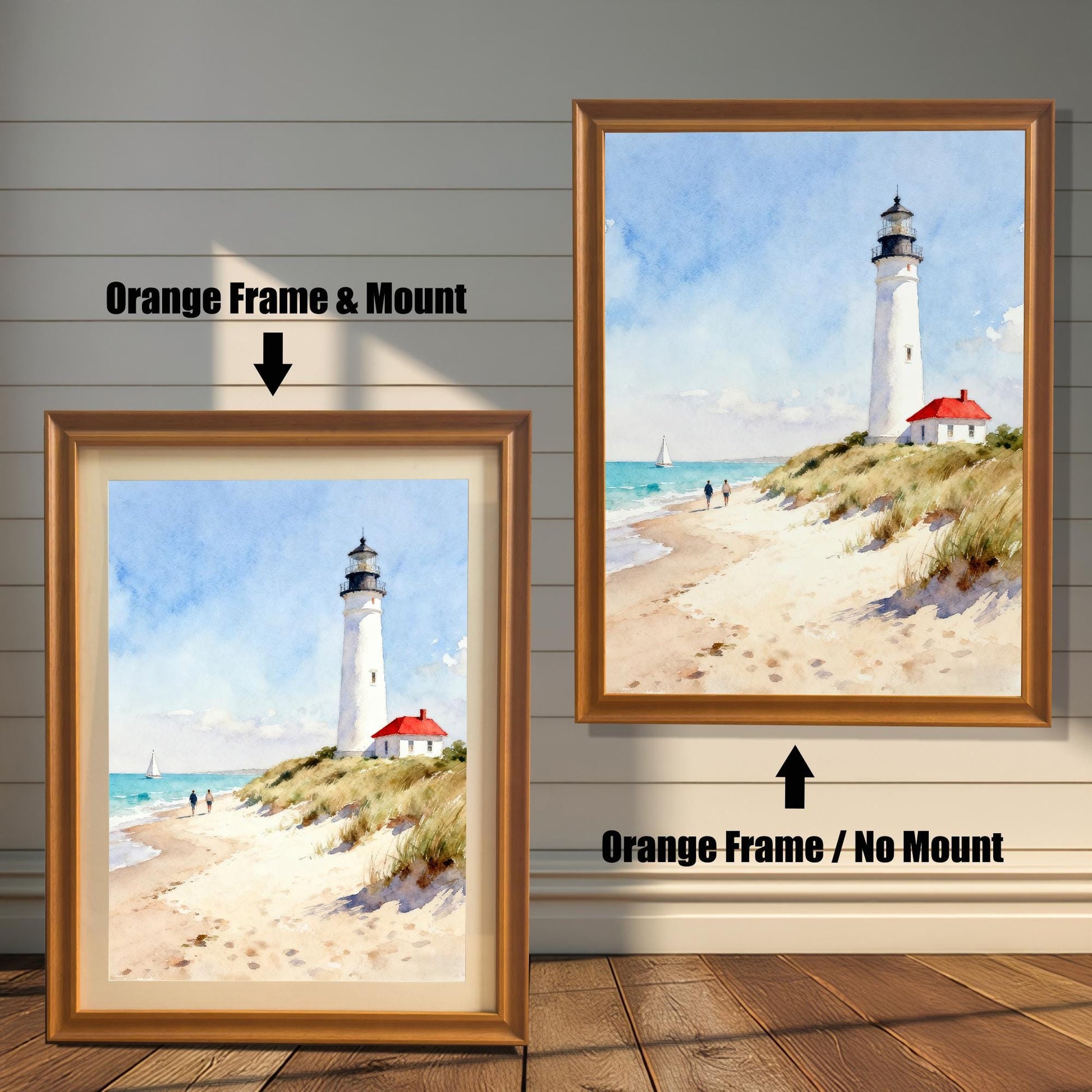 Comparison of two framed art prints on a wall. On the left, an art print of a lighthouse on a beach in a framed with an Orange Frame & Mount (matting). On the right, the same art print with an Orange Frame / No Mount. The arrows clearly indicate which frame/mount option is which.