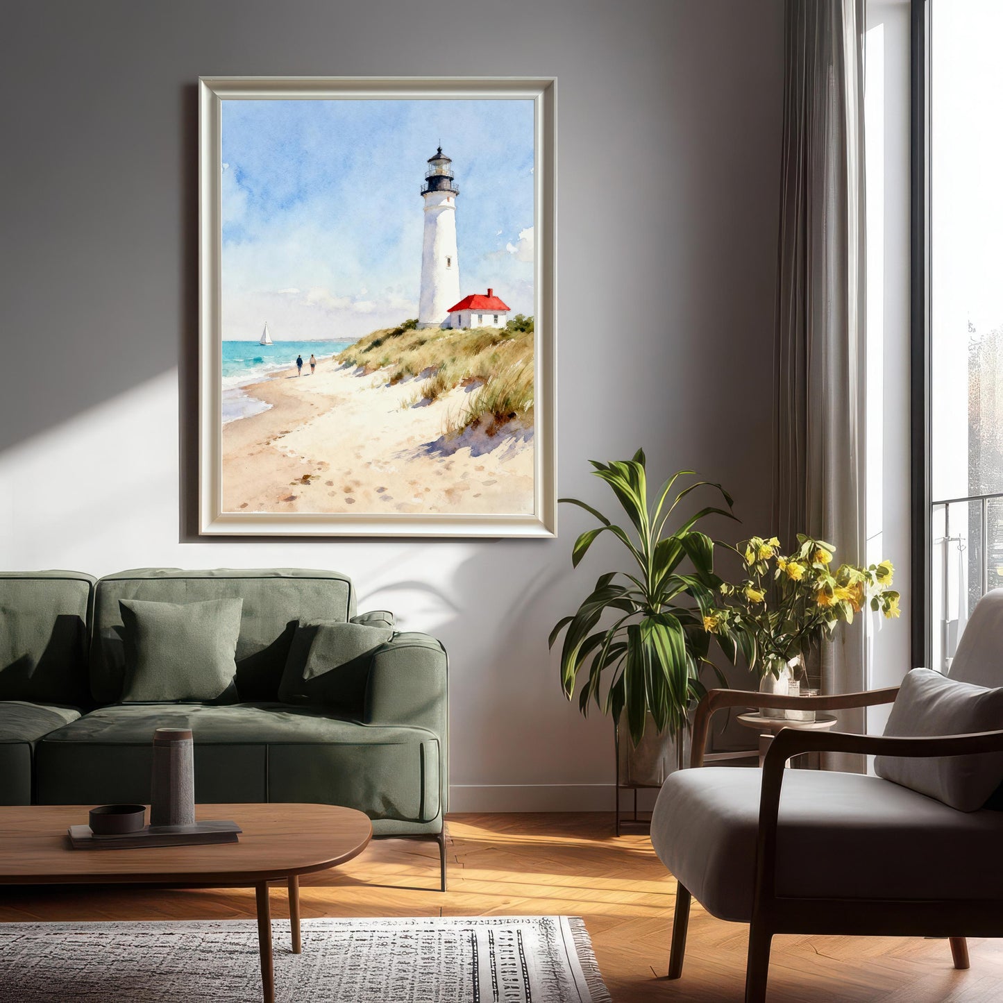 Lifestyle photo showing a large framed art print of a lighthouse on a beach hung above a green couch in a bright living room. The frame is a light, possibly silver or natural wood, color.