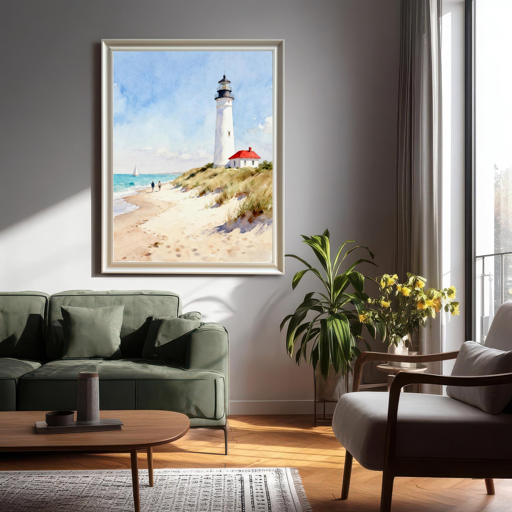 Lifestyle photo showing a large framed art print of a lighthouse on a beach hung above a green couch in a bright living room. The frame is a light, possibly silver or natural wood, color.