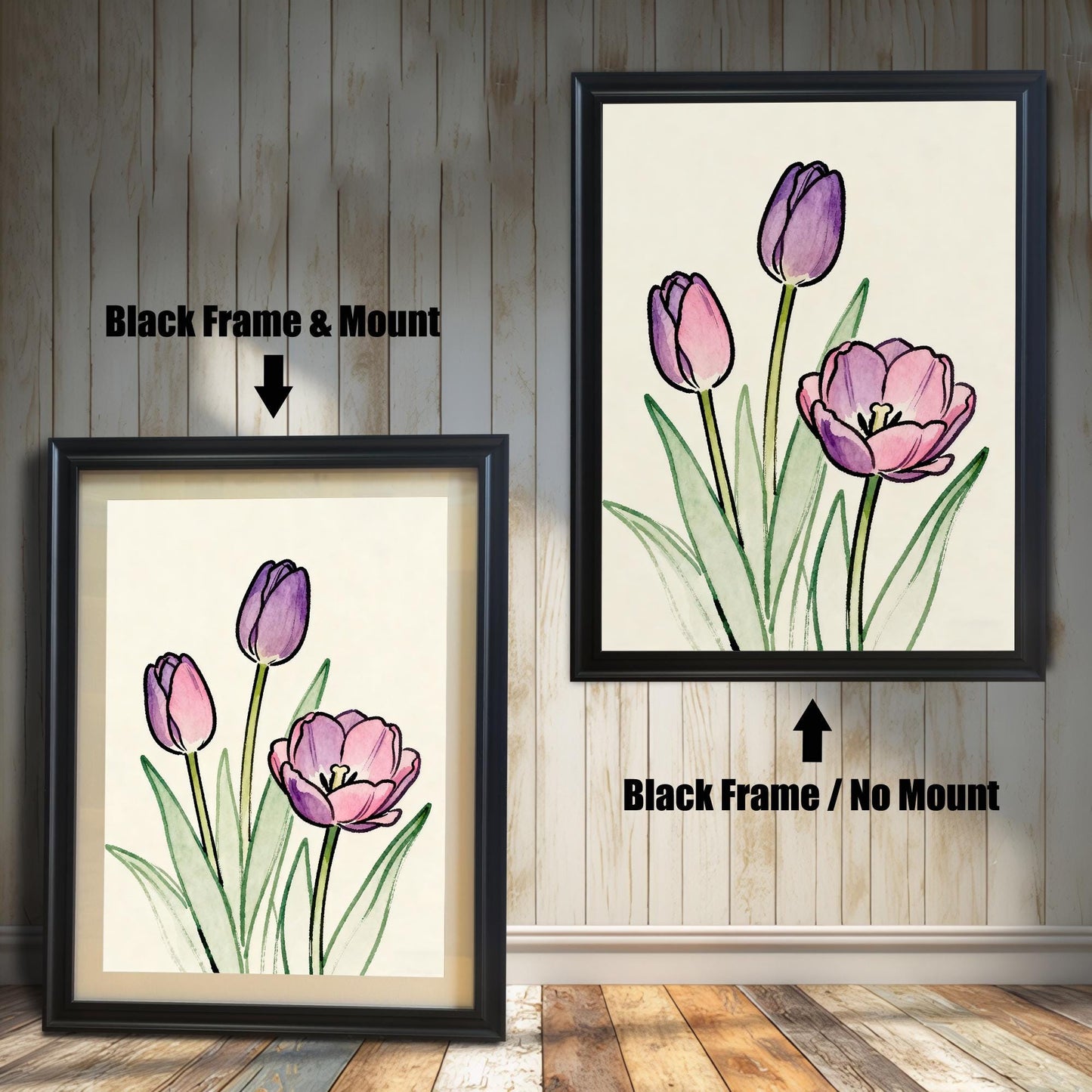 Comparison of two framed art prints on a wall. On the left, a watercolor-style print of pink and purple tulips in a framed with a Black Frame & Mount (matting). On the right, the same art print with a Black Frame / No Mount. Arrows indicate the frame/mount options.