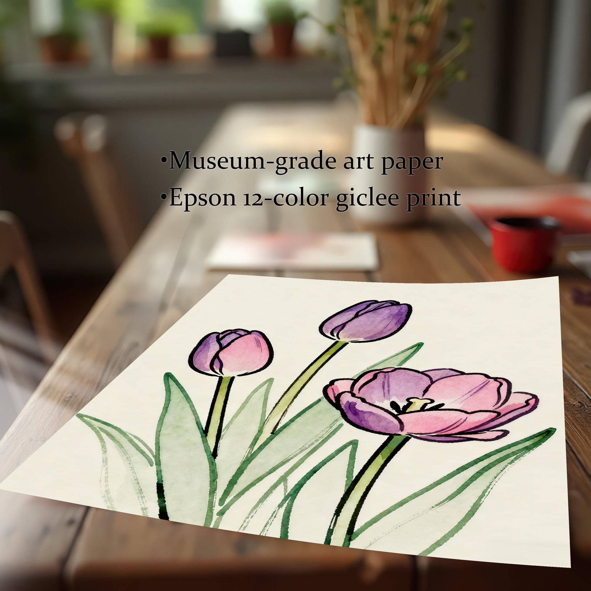 Detail shot of the tulip art print laying on a wooden table. Text overlay highlights product quality: Museum-grade art paper and Epson 12-color giclee print.