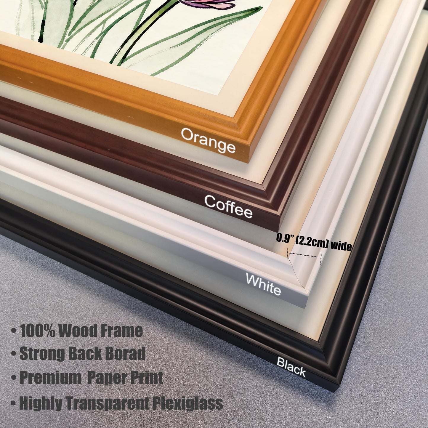 Close-up photo of the four available wood frame corner samples stacked on top of each other, showing the colors: Orange, Coffee, White, and Black. Text highlights frame specifications: 0.9" (2.2cm) wide, 100% Wood Frame, Strong Back Board, Premium Paper Print, and Highly Transparent Plexiglass.