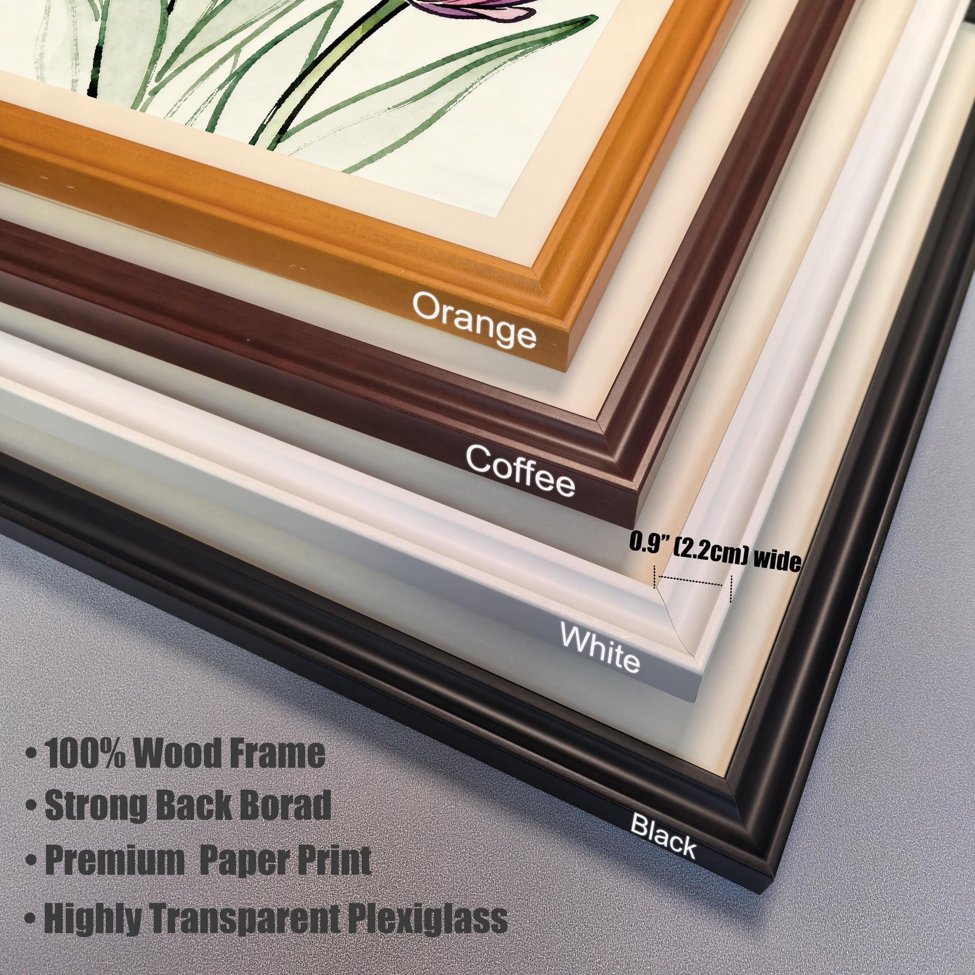 Close-up photo of the four available wood frame corner samples stacked on top of each other, showing the colors: Orange, Coffee, White, and Black. Text highlights frame specifications: 0.9" (2.2cm) wide, 100% Wood Frame, Strong Back Board, Premium Paper Print, and Highly Transparent Plexiglass.