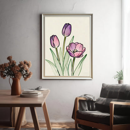 Lifestyle photo showing a framed art print of pink and purple tulips hung on a textured gray wall above a black leather armchair and wooden table. The frame is a light, possibly silver or natural wood, color.
