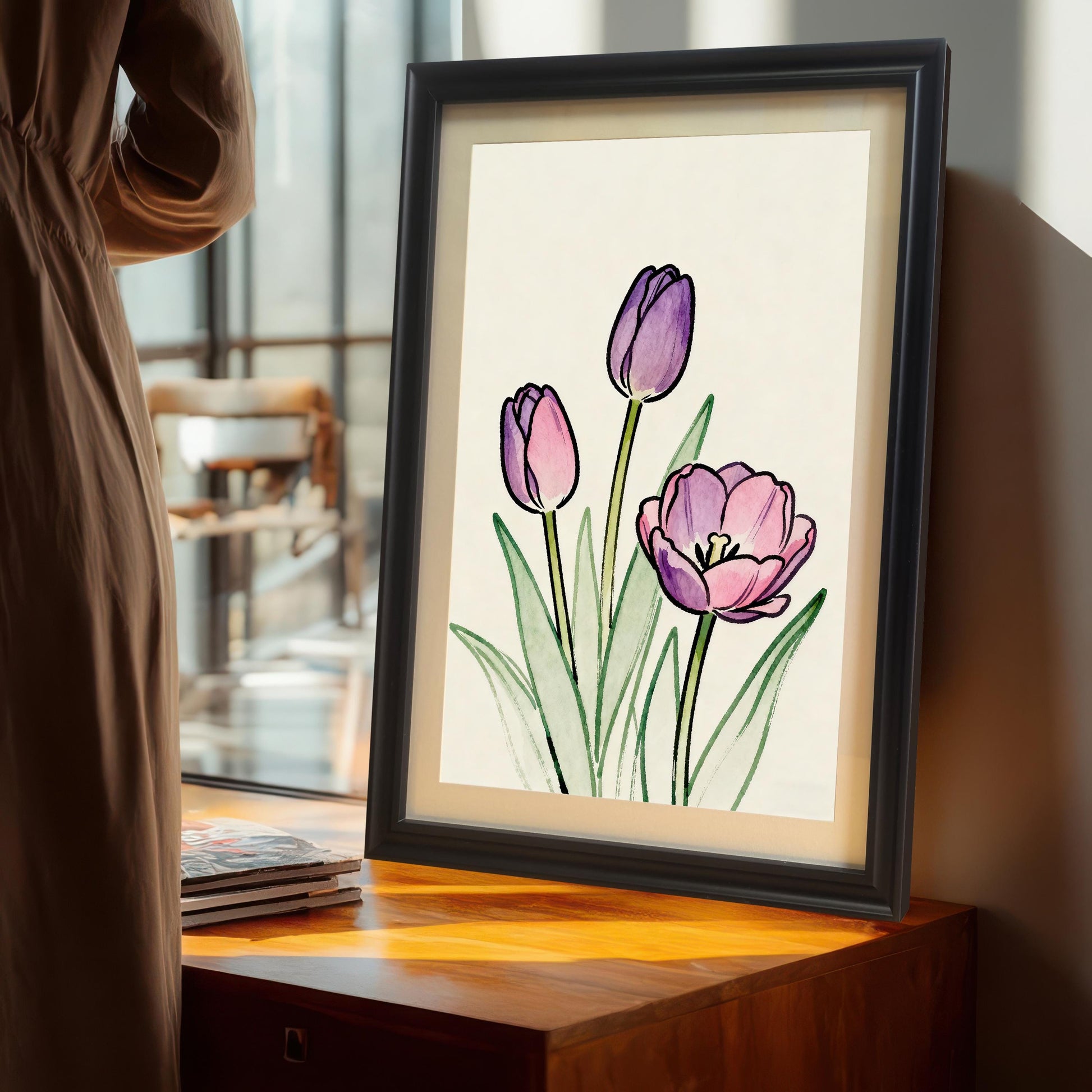Watercolor Purple Tulip Art Print: Minimalist Flower, Wood Frame, Home Wall Decor