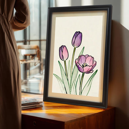 Watercolor Purple Tulip Art Print: Minimalist Flower, Wood Frame, Home Wall Decor