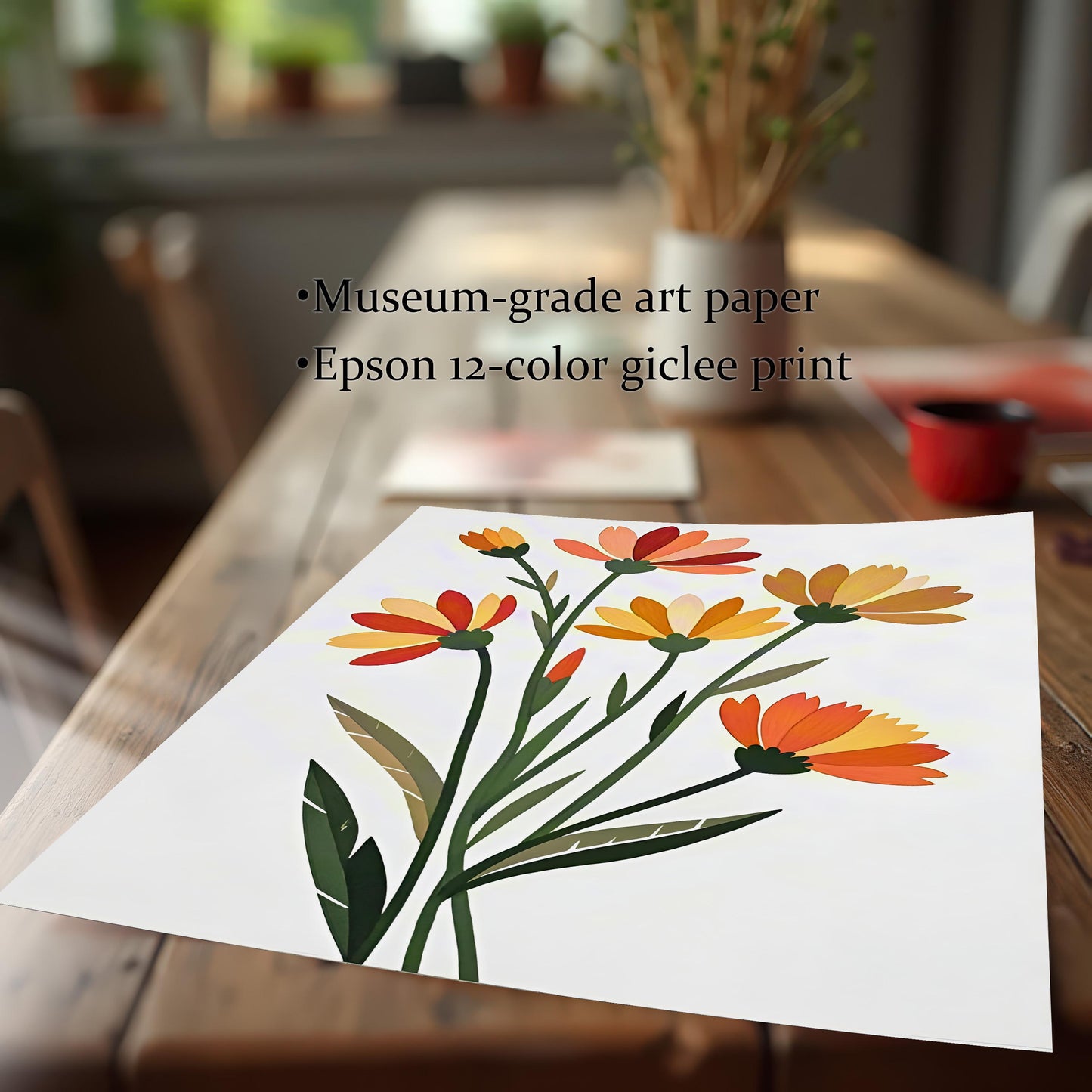 Detail shot of the floral art print laying on a wooden table. Text overlay highlights product quality: Museum-grade art paper and Epson 12-color giclee print.