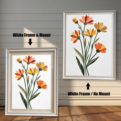 Comparison of two framed art prints on a wall. On the left, a vibrant floral print in a framed with a White Frame & Mount (matting). On the right, the same floral print with a White Frame / No Mount. Arrows indicate the frame/mount options.