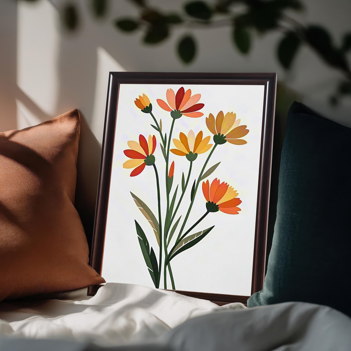 Close-up lifestyle photo of the framed orange and yellow floral print in a dark Coffee Frame, leaning against two pillows (one terracotta, one dark green) on a bed or couch.