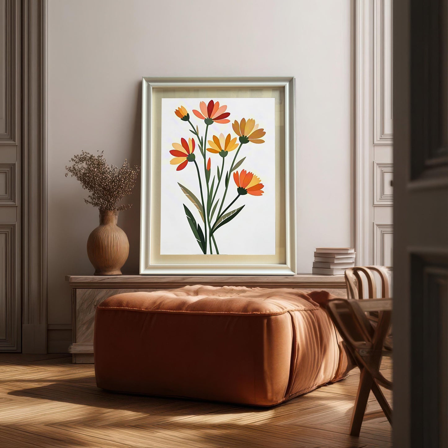 Minimalist Orange Yellow Flower Art Print: Wood Frame, Floral Poster