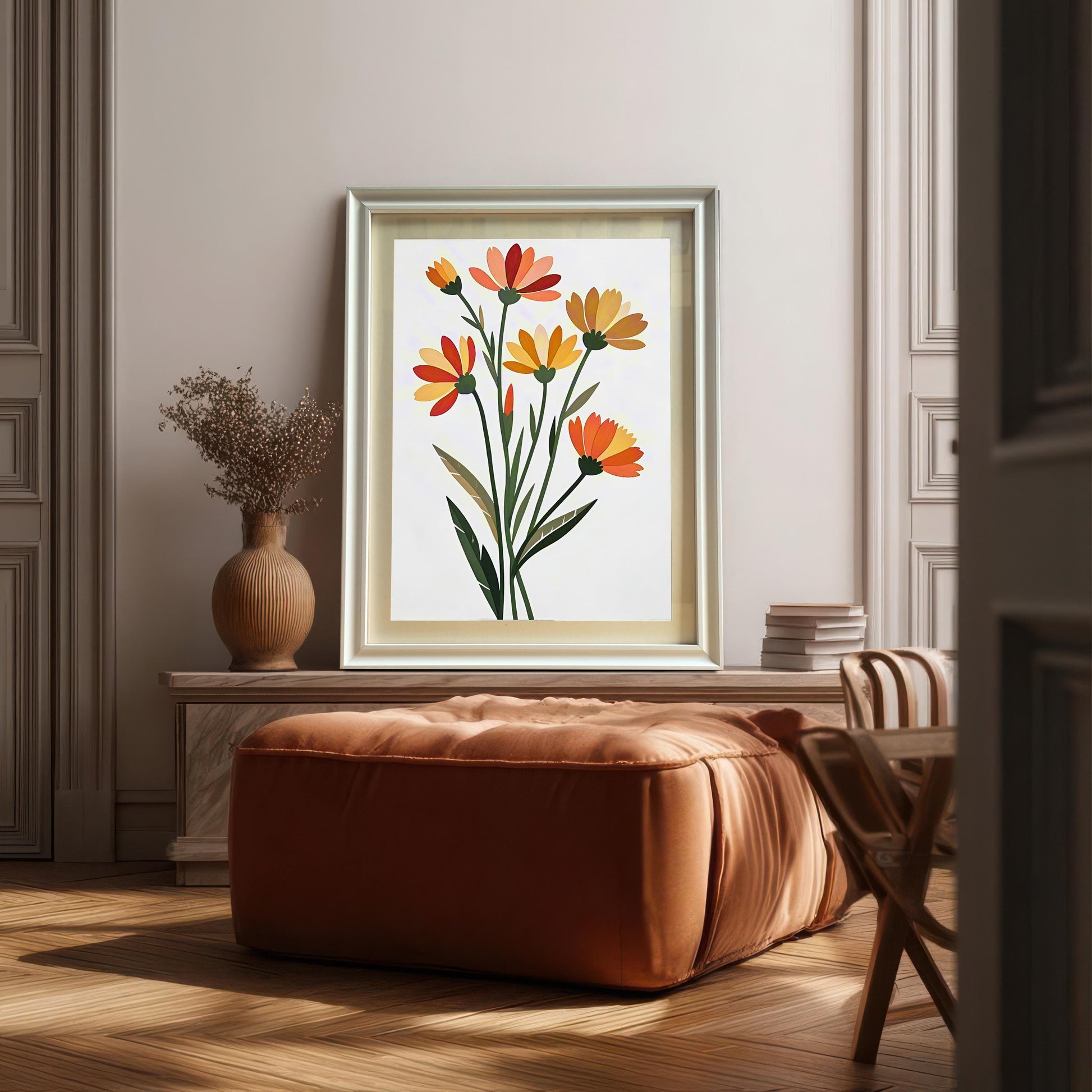 Minimalist Orange Yellow Flower Art Print: Wood Frame, Floral Poster