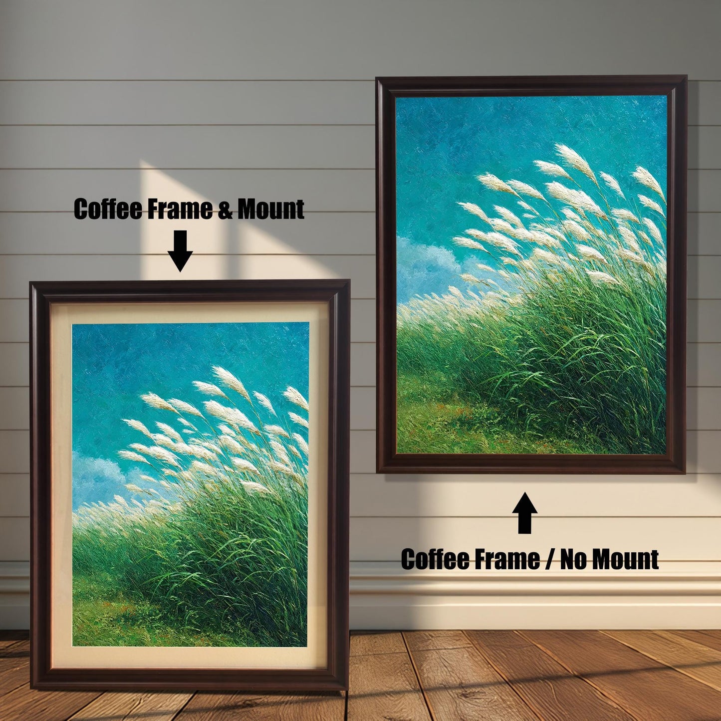 Comparison of two framed art prints on a wall. On the left, a windy grass field print in a framed with a Coffee Frame & Mount (matting). On the right, the same print with a Coffee Frame / No Mount. Arrows indicate the frame/mount options.