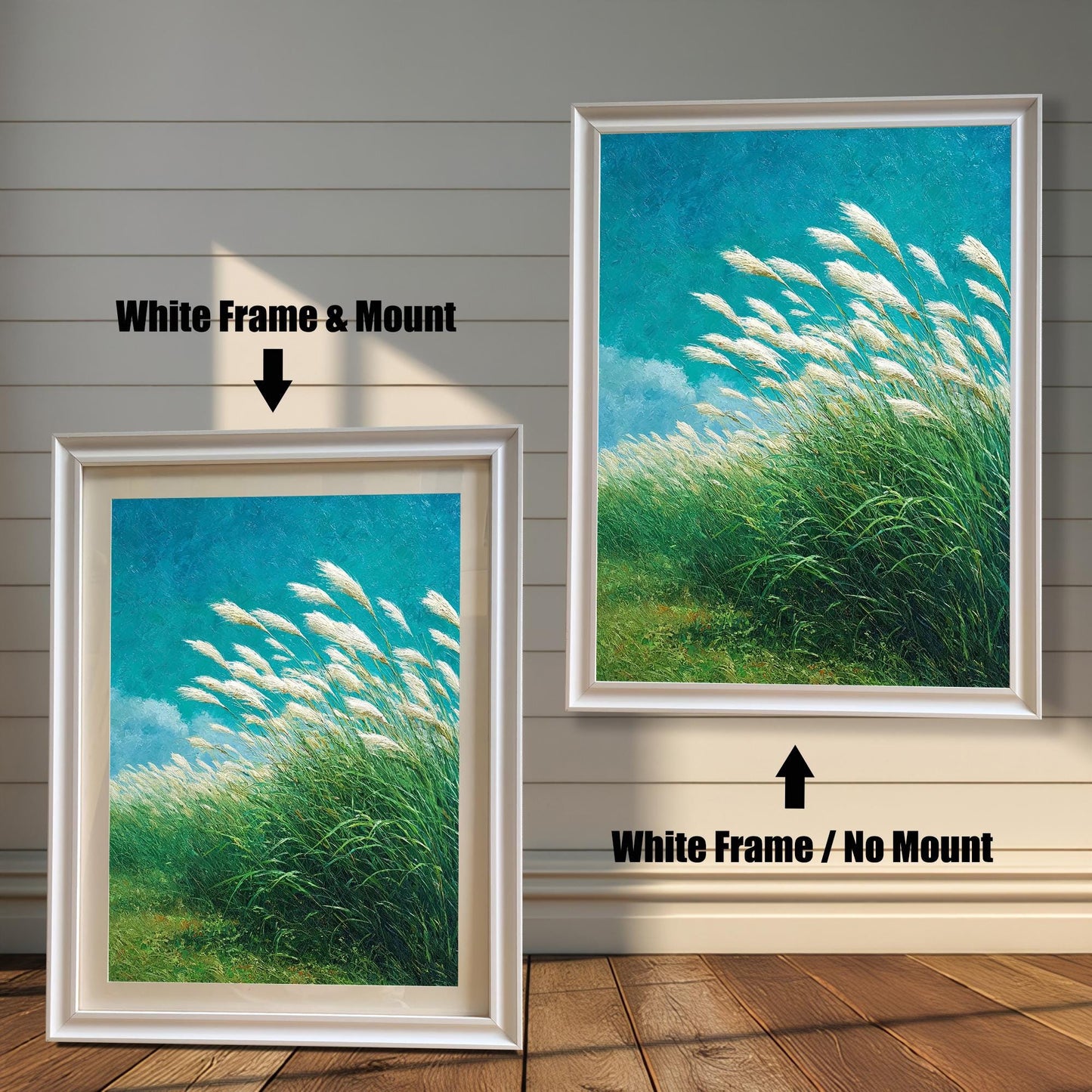 Comparison of two framed art prints on a wall. On the left, a windy grass field print in a framed with a White Frame & Mount (matting). On the right, the same print with a White Frame / No Mount. Arrows indicate the frame/mount options.