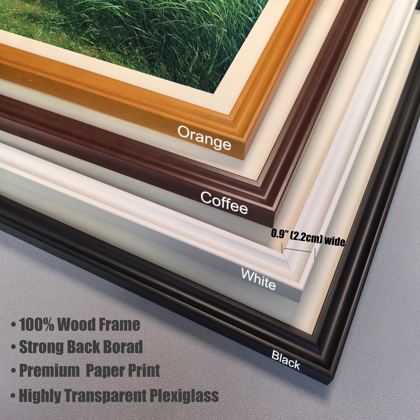 Close-up photo of the four available wood frame corner samples stacked, showing the colors: Orange, Coffee, White, and Black. Text highlights frame specifications: 0.9" (2.2cm) wide, 100% Wood Frame, Strong Back Board, Premium Paper Print, and Highly Transparent Plexiglass.