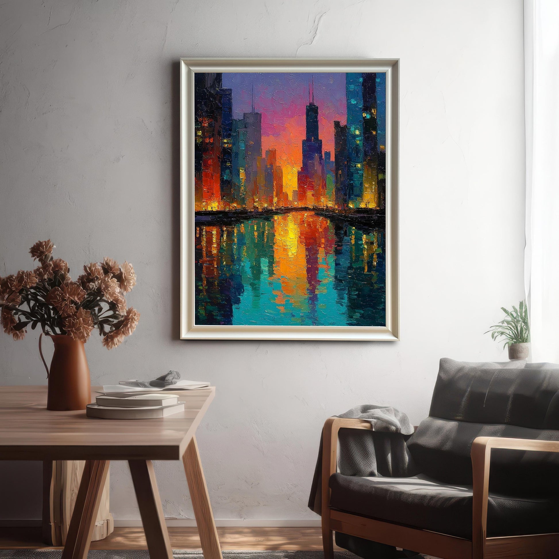 Silver-framed art print of a thick, colorful, impressionist oil painting showing the Chicago skyline at sunset reflected in water. The bold colors include orange, pink, yellow, and turquoise. The print is hanging in a stylish room above a leather armchair next to a wooden table with a vase of dried flowers.