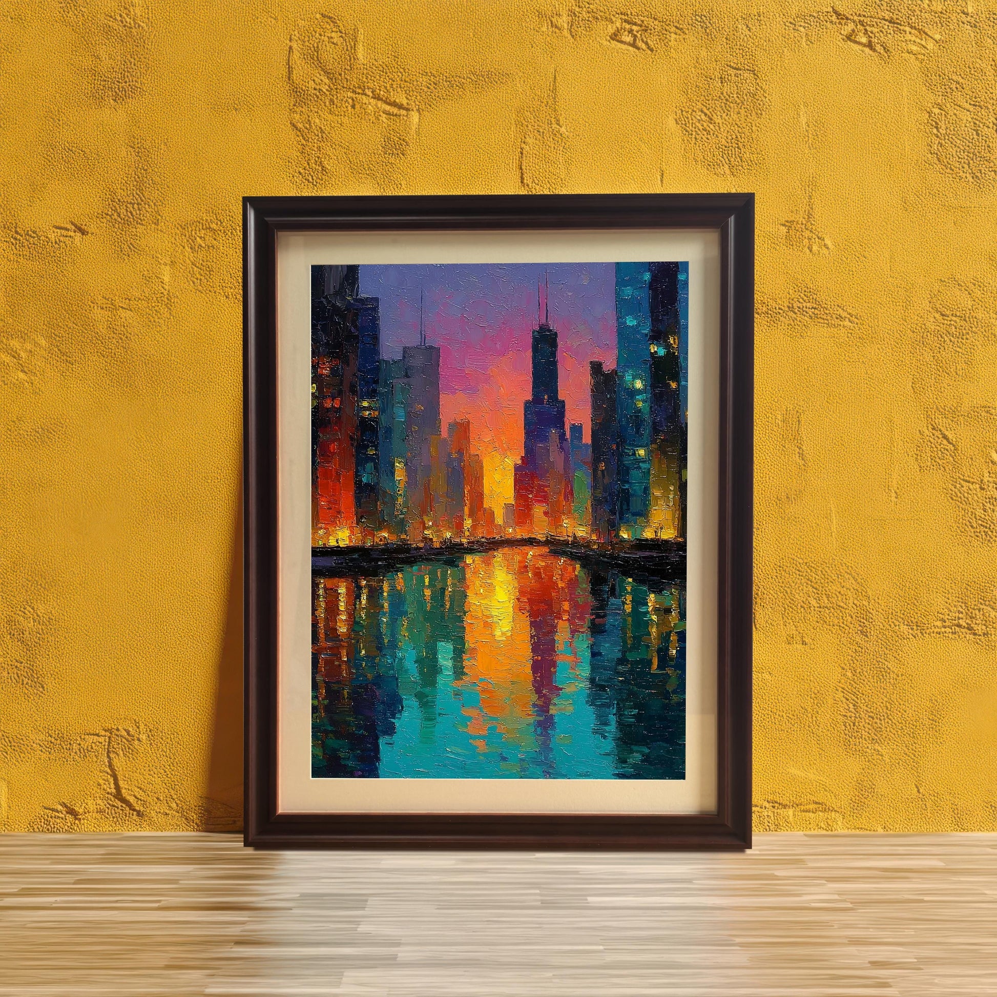Brown wood-framed art print of a textured, colorful impressionist painting depicting a city skyline at sunset with bright orange, pink, and teal reflections in the water. The print is leaning on a light wood floor against a textured, bright yellow-gold wall.