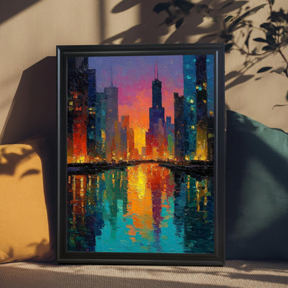 Black wood-framed art print of a vibrant cityscape oil painting showing the skyline reflecting bold orange, yellow, and turquoise colors in the water. The print is styled on a beige couch nestled between a yellow-orange pillow and a dark teal pillow, with leaf shadows cast over the scene.