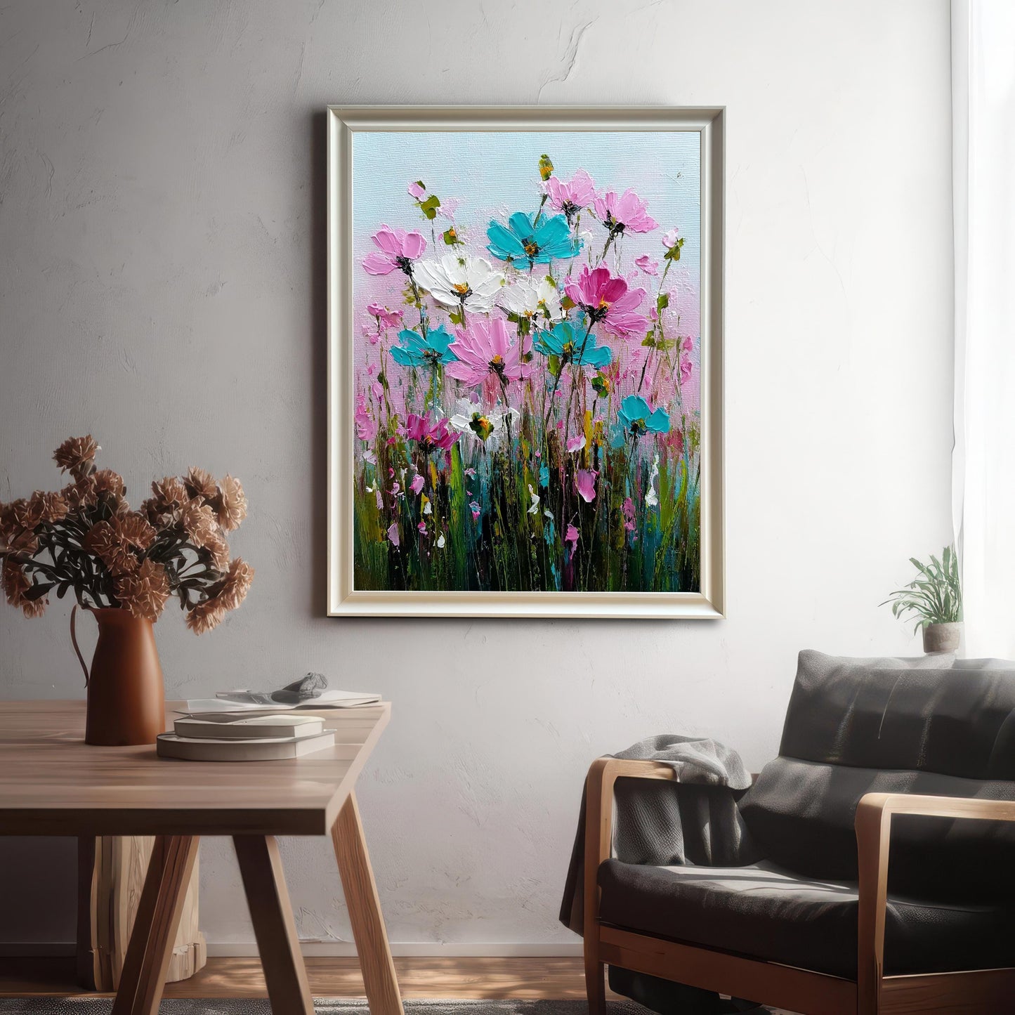 Silver-framed art print of a vibrant, textured abstract flower painting. The painting features thick strokes of pink, teal (turquoise), and white cosmos or wildflowers against a light pink and blue background. The print is hanging in a modern living space above a dark leather armchair next to a wooden dining table.