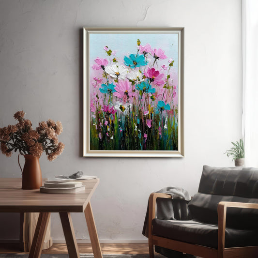 Silver-framed art print of a vibrant, textured abstract flower painting. The painting features thick strokes of pink, teal (turquoise), and white cosmos or wildflowers against a light pink and blue background. The print is hanging in a modern living space above a dark leather armchair next to a wooden dining table.