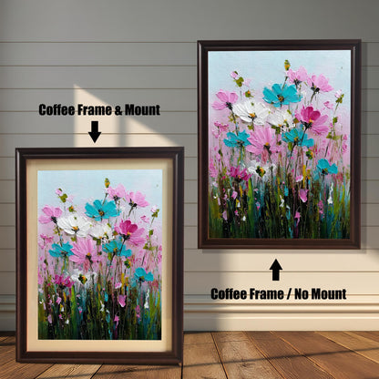 Product image comparing two options: a Coffee Frame & Mount (with a light mat) and a Coffee Frame / No Mount for the abstract floral print. The framed prints are displayed on a wood floor against a white, shiplap wall.