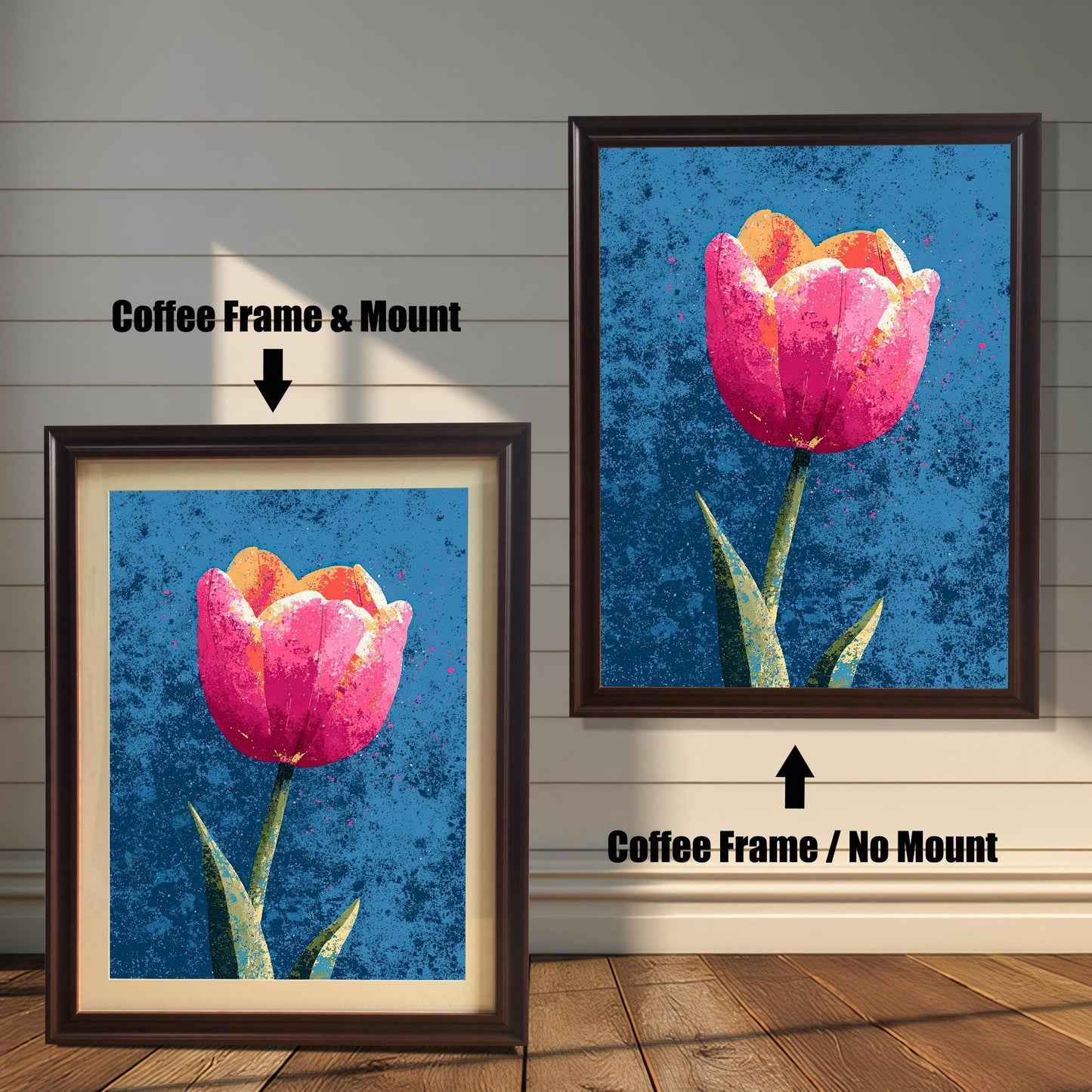 Two versions of the tulip art print with a Coffee Frame: one on the left with a Mount (matting) and one on the right with No Mount. Arrows indicate the difference.