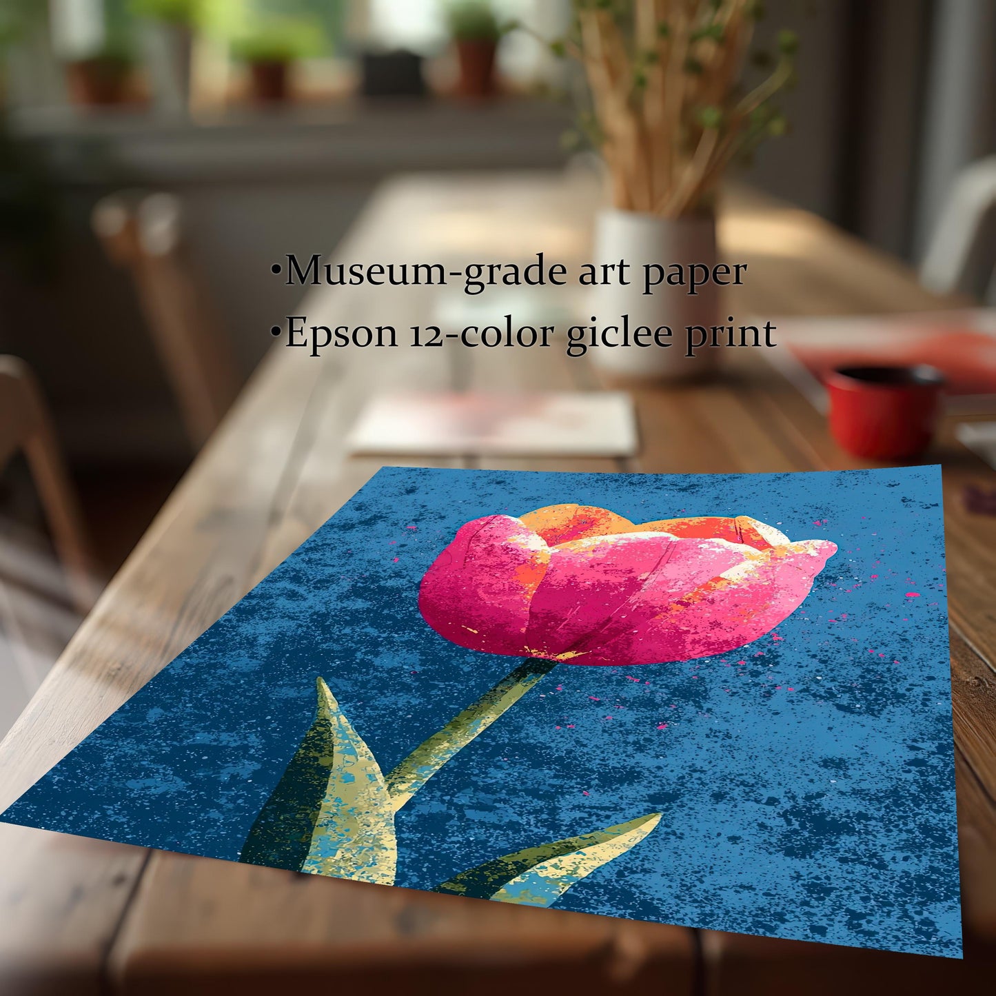 Close-up view of the unframed tulip art print showing the texture of the paper. Text highlights the print quality: Museum-grade art paper and Epson 12-color giclee print.