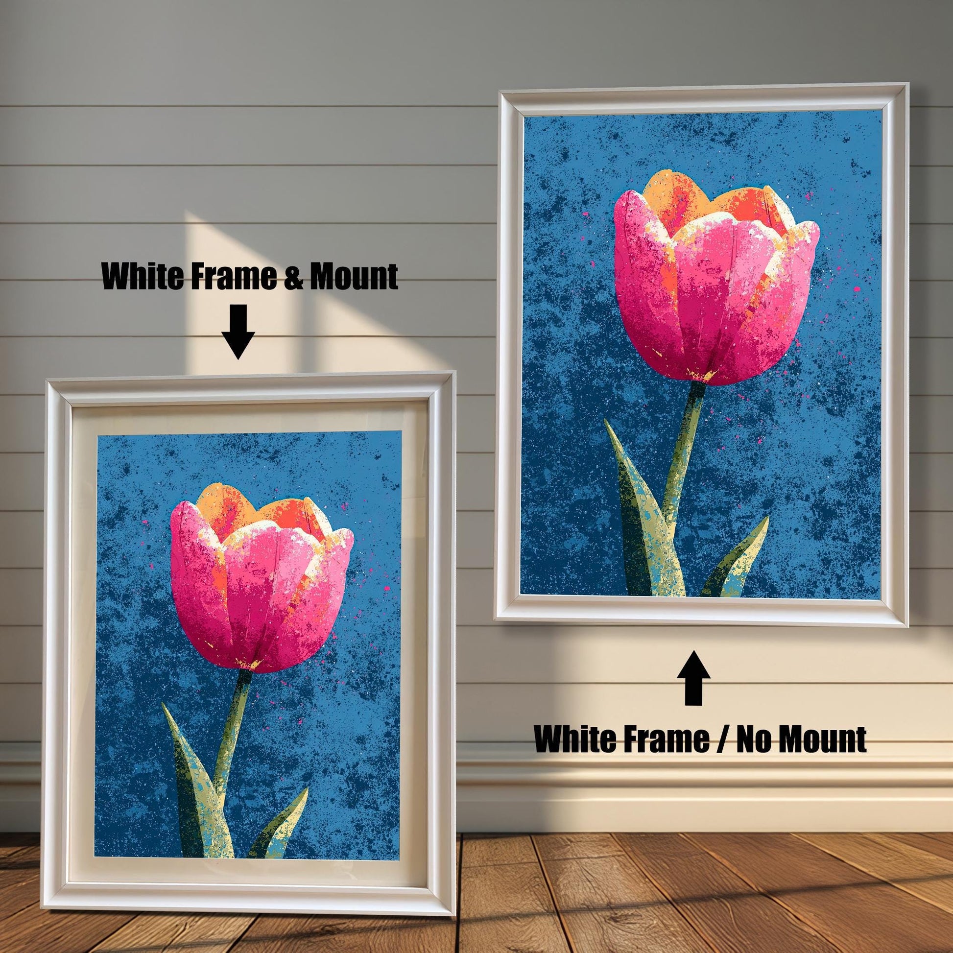 Two versions of the tulip art print with a White Frame: one on the left with a Mount (matting) and one on the right with No Mount. Arrows indicate the difference.