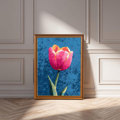 The tulip art print displayed in a simple Orange Frame leaning on a light-colored wood floor against a wainscoted wall, dappled with sunlight.