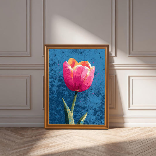 The tulip art print displayed in a simple Orange Frame leaning on a light-colored wood floor against a wainscoted wall, dappled with sunlight.