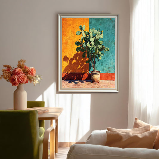 A large, framed art print of a prickly pear cactus in a pot against an orange and teal wall, hanging in a bright dining room above a table, chairs, and a white couch.