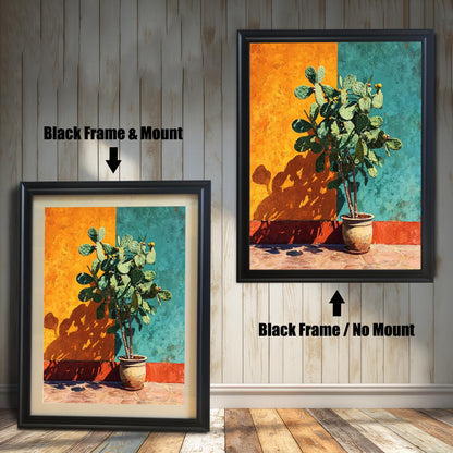 Two versions of the cactus art print with a Black Frame: one on the left with a Mount (matting) and one on the right with No Mount. Arrows indicate the difference.