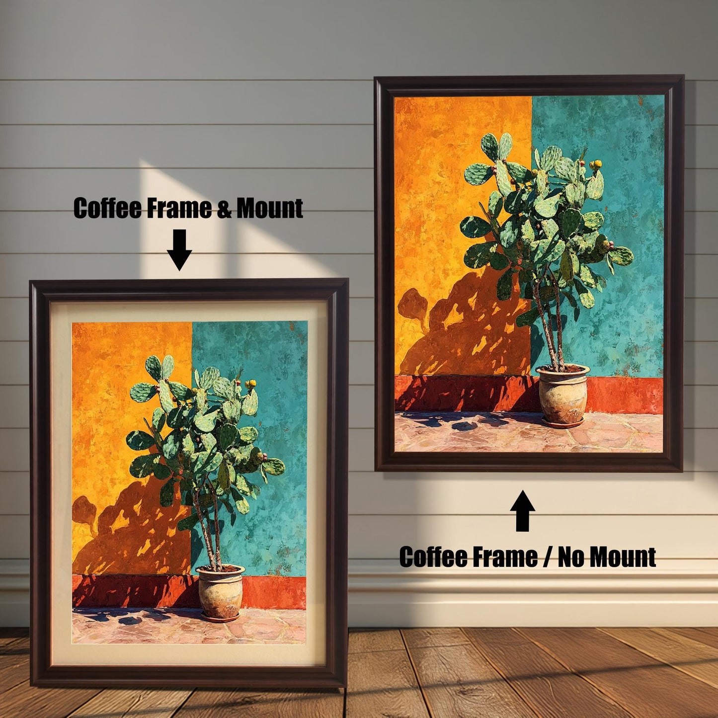 Two versions of the cactus art print with a Coffee Frame (dark brown): one on the left with a Mount (matting) and one on the right with No Mount. Arrows indicate the difference.