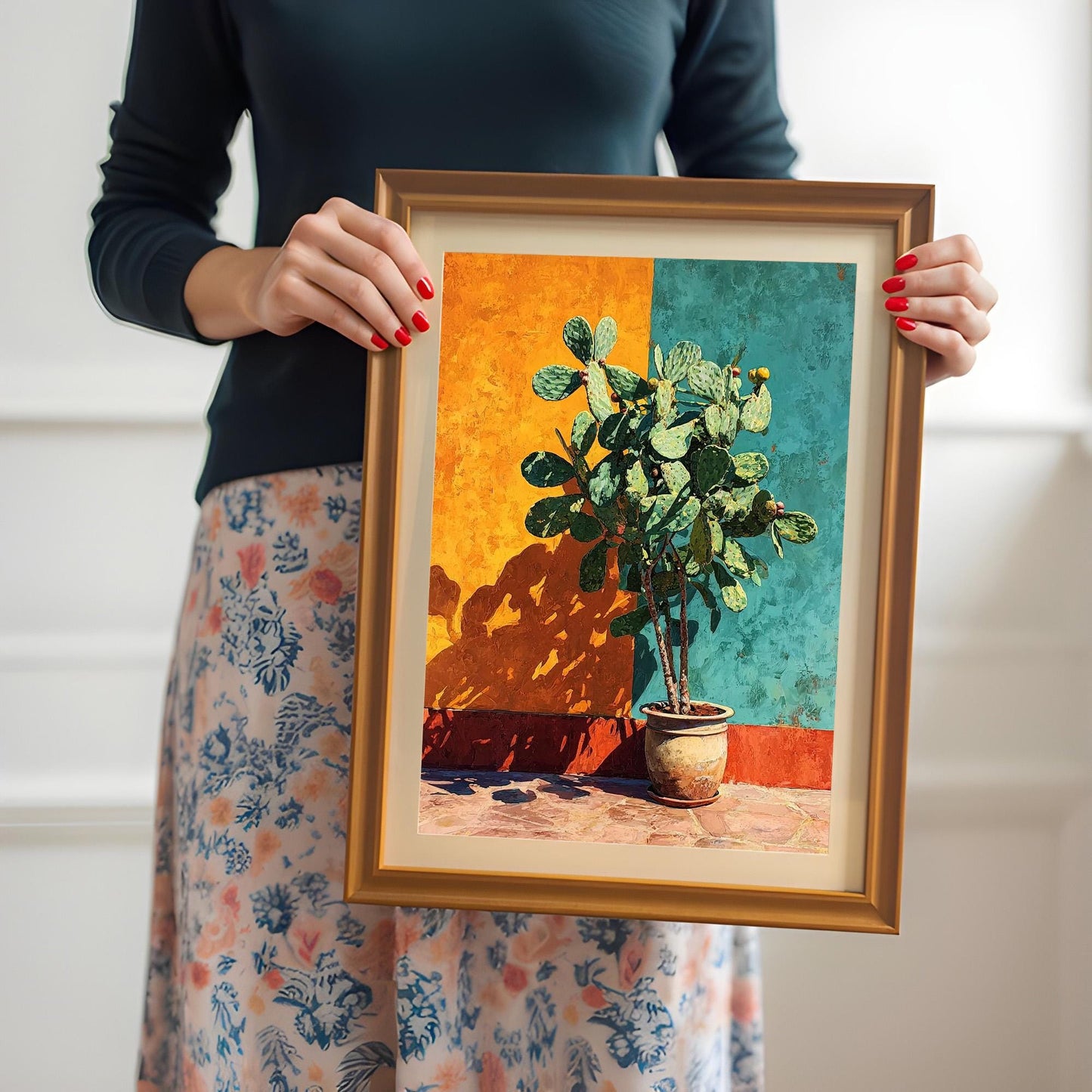 A woman in a dark shirt and floral skirt holding the framed cactus art print in an Orange Frame with both hands, showing the print's details and scale.