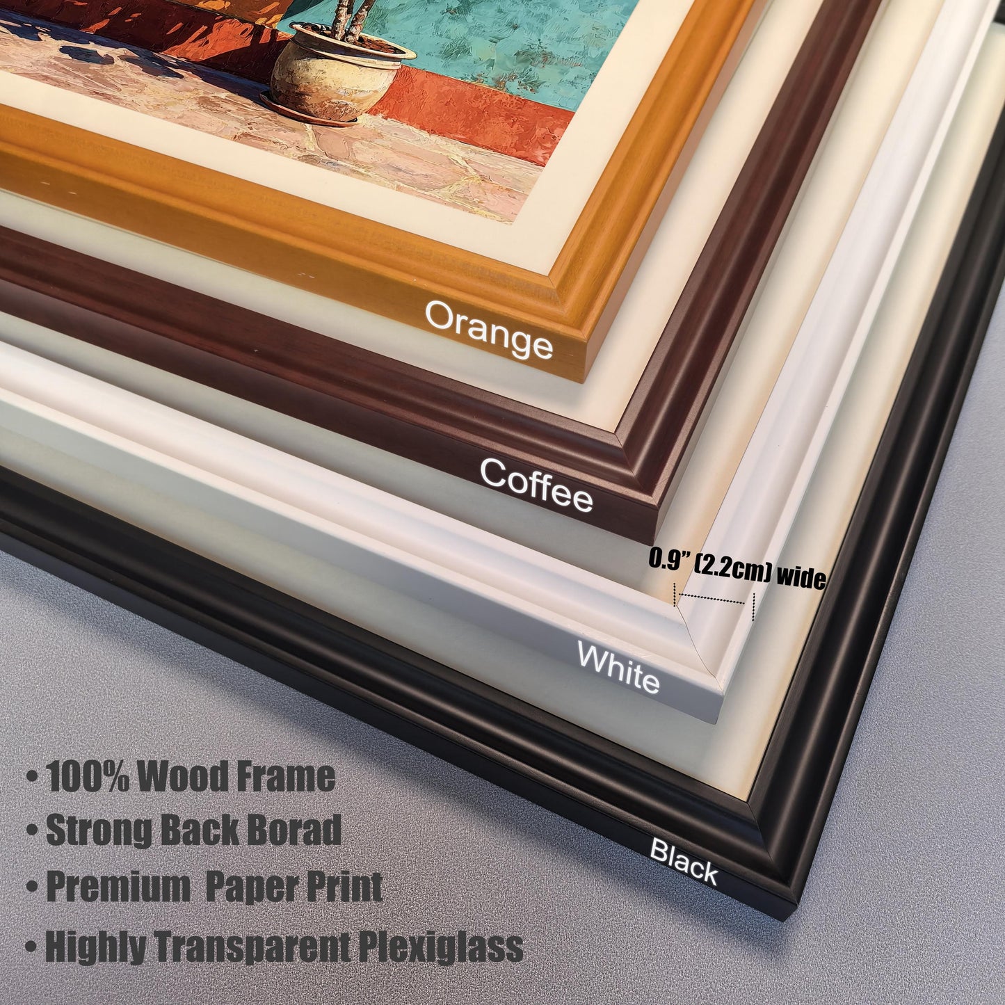 Corner close-up stack of the four wood frame color options: Orange, Coffee, White, and Black. Specifications note the 100% Wood Frame and Highly Transparent Plexiglass.