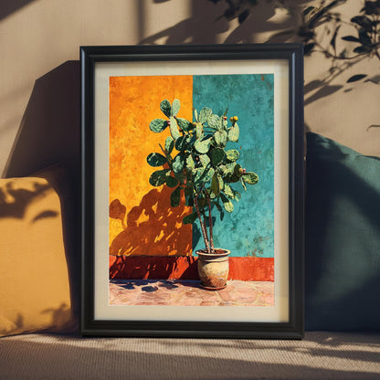 A vibrant cactus art print in a Black Wood Frame displayed on a couch or seat, nestled between a yellow cushion and a dark teal cushion, with leafy shadows falling across it.