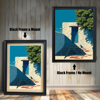 Two versions of the print with a Black Frame: one on the left with a Mount (matting) and one on the right with No Mount. Both are against a wood-plank background.