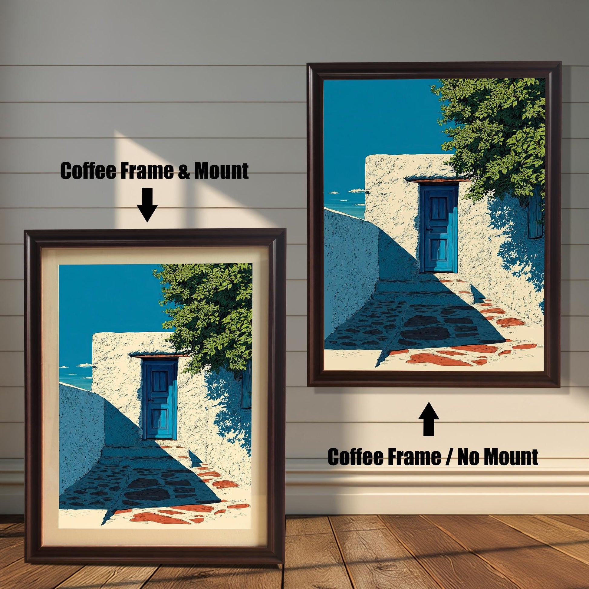 Two versions of the print with a Coffee Frame (dark brown): one on the left with a Mount (matting) and one on the right with No Mount. Both are against a wood-plank background.