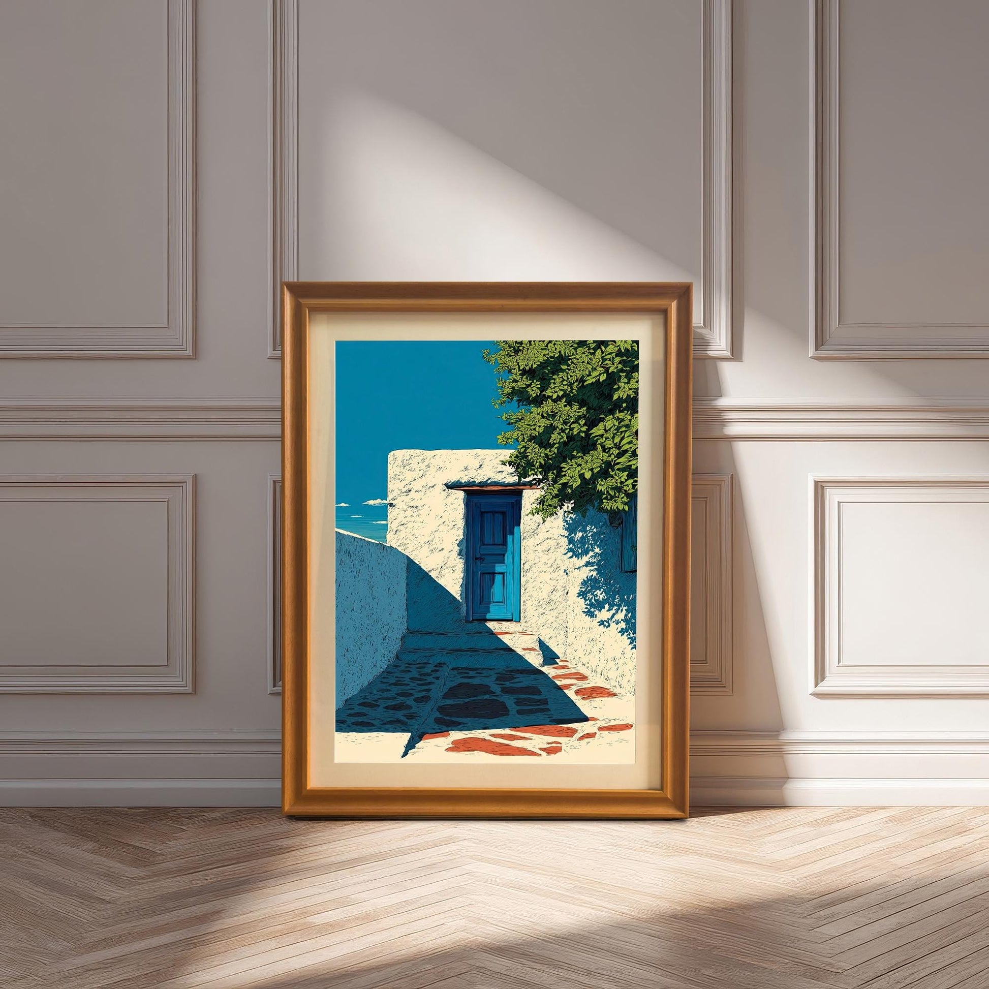The art print displayed in an Orange Frame (light wood) leaning on a wood floor against a white wainscoted wall, dappled with sunlight.