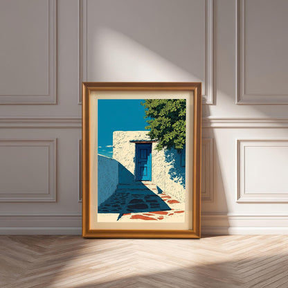 The art print displayed in an Orange Frame (light wood) leaning on a wood floor against a white wainscoted wall, dappled with sunlight.