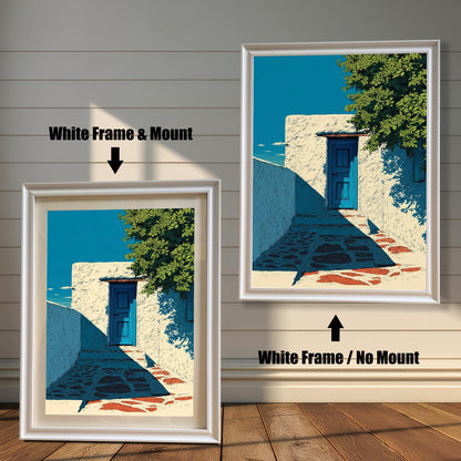 Two versions of the print with a White Frame: one on the left with a Mount (matting) and one on the right with No Mount. Both are against a wood-plank background.
