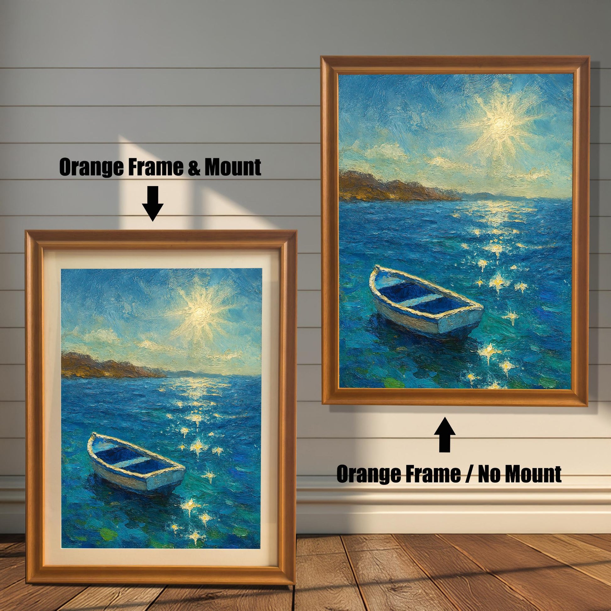 A split image of the boat painting. The left side shows the artwork with an Orange Frame & Mount (matting), and the right shows it with an Orange Frame / No Mount.