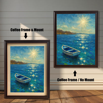 A split image showcasing a bright, impressionistic painting of a small white boat on blue water with sun glare. The left side shows the artwork with a Coffee Frame & Mount (matting), and the right shows it with a Coffee Frame / No Mount.