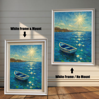 A split image of the boat painting. The left side shows the artwork with a White Frame & Mount (matting), and the right shows it with a White Frame / No Mount.
