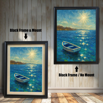 A split image of the boat painting. The left side shows the artwork with a Black Frame & Mount (matting), and the right shows it with a Black Frame / No Mount.