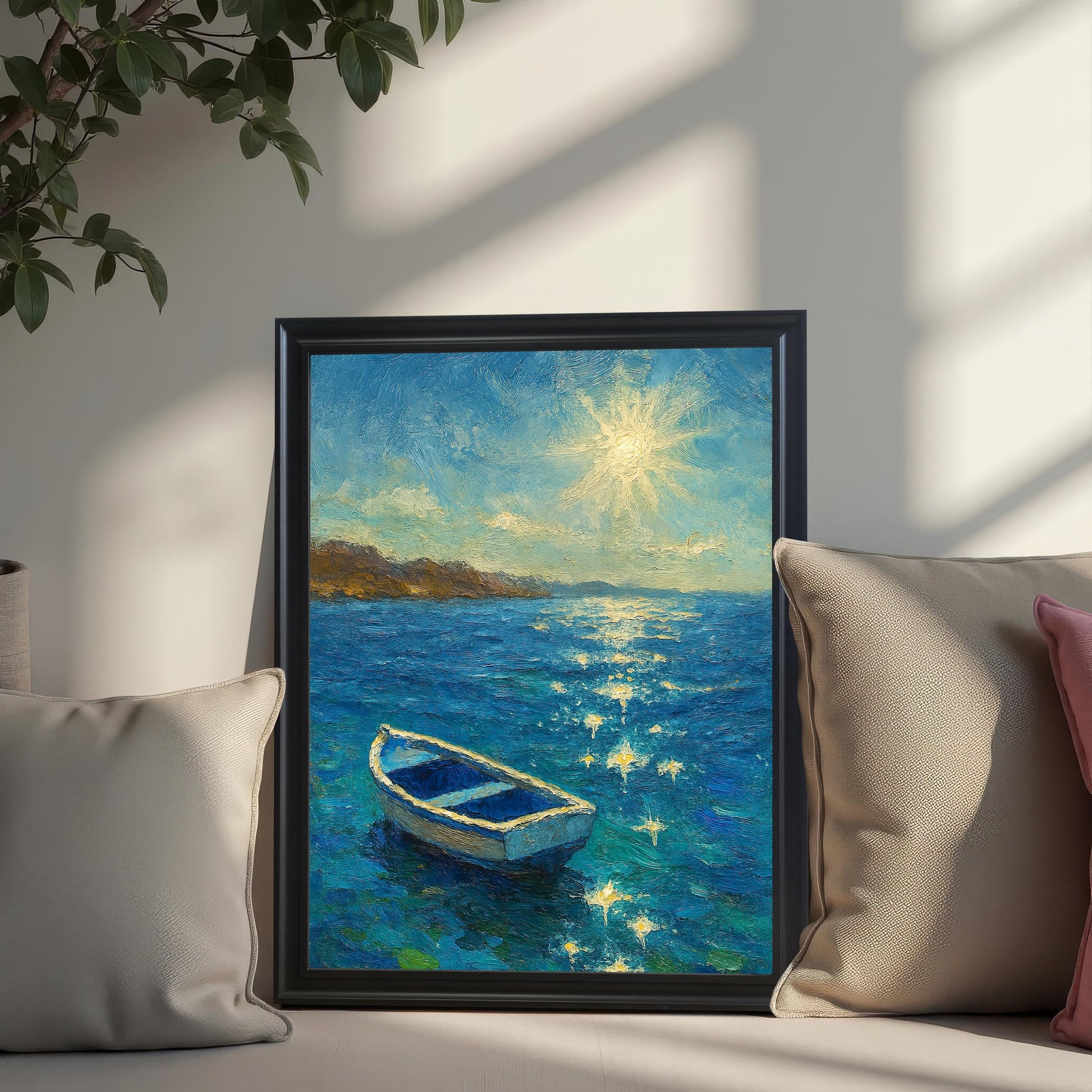 A close-up lifestyle shot of the boat painting in a Black Frame (No Mount). The print is leaning on a white bench, flanked by beige pillows, with sunlight streaming through a window, casting shadows.